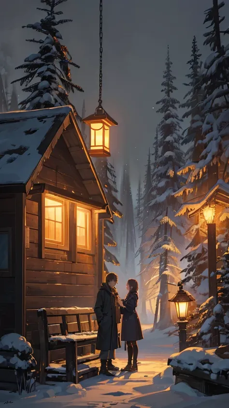 A romantically illuminated couple gazes at a rustic wooden cabin nestled among dense trees in the darkness of night. The cabins weathered exterior exudes a cozy charm, illuminated by the warm glow of flickering lantern light. The intricate carvings on the ...