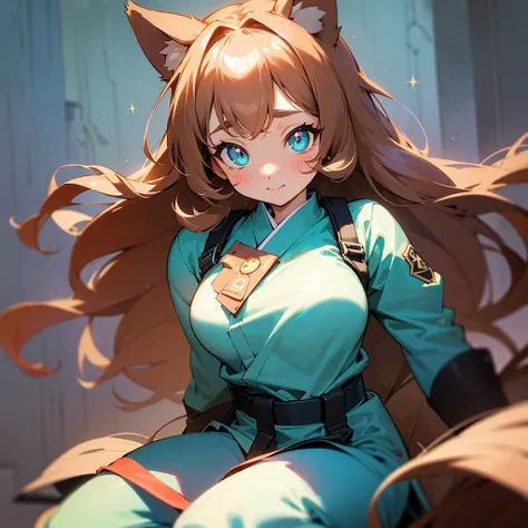 nsfw,one woman,midnightblue police uniform,squatting,large breasts,cute face,big eyes,naughty expression,wave hair,from front,looking at viewer,indoor,japanese、brown hair, expressive hair, star-shaped pupils, eyeball, aqua eyes, sparkling eyes, dog ears, b...