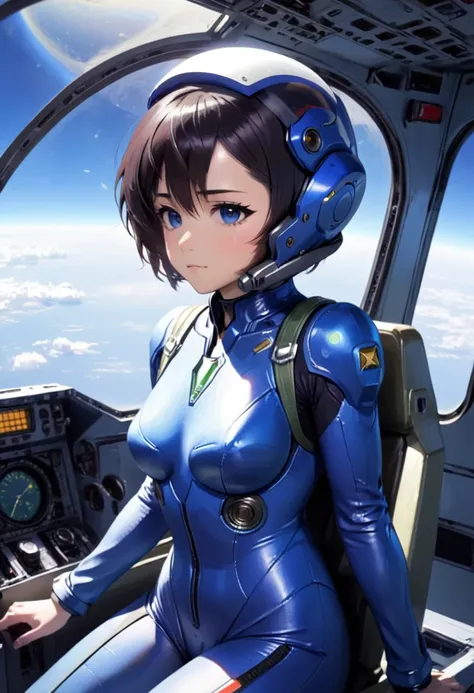 ((Female pilot in the cockpit of a reconnaissance plane), (airplane cockpit), (in flight), (10000 feet altitude)、(sky view):1.7),, short hair, street, emo, BLACK hair, white eyes, eyeliner, apocalypse, girl, nside the (cockpit:1.9) of a (futuristic spacesh...