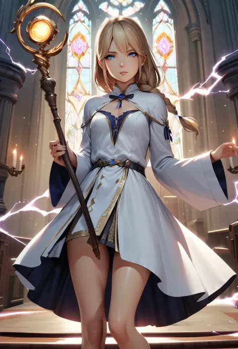 1 girl, trap, Blonde Hair, One-side long braid, blue eyes, flat chest, A short person, White robe, Bare legs, Thunder and Lightning，lightning，electrical arcs，Discharge of，magic，Thunder holding the golden staff, Church Background, Textured Skin, Ultra HD, U...