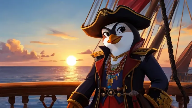 A furry female penguin pirate captain, black and white feathers, black eyes, wearing captains hat adorned with feathers and jewels, dressed in a pirate coat and high boots. Looking at the viewer, with an imposing pirate ship in the background and the risin...