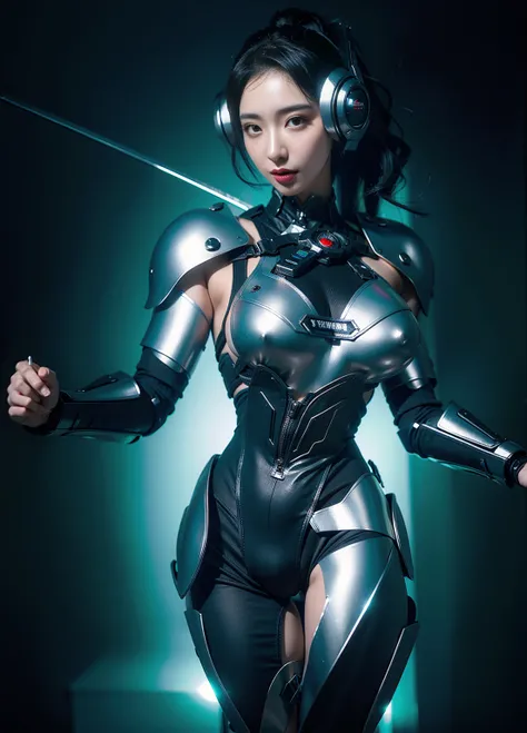 Super Detail, High Detail, high quality, best quality, High resolution，a female robot，Beautiful female robot,beautiful clear face(Rain waves_haneame：1.5)，mechanical body(whole body，body curve，Large size chest)，silver machine armor，high tech，Military