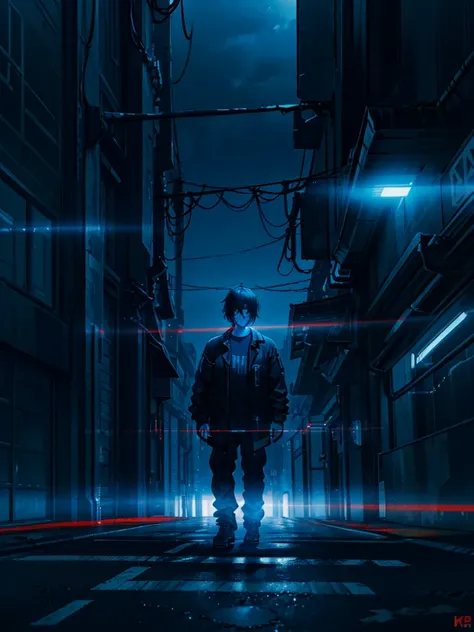 a man with a television head, cyberpunk scene, wearing a shirt, dark, alley, 1 person, highly detailed, 8k, hyperrealistic, cinematic lighting, dramatic shadows, neon lights, advanced technology, glowing elements, moody atmosphere, gritty urban environment...