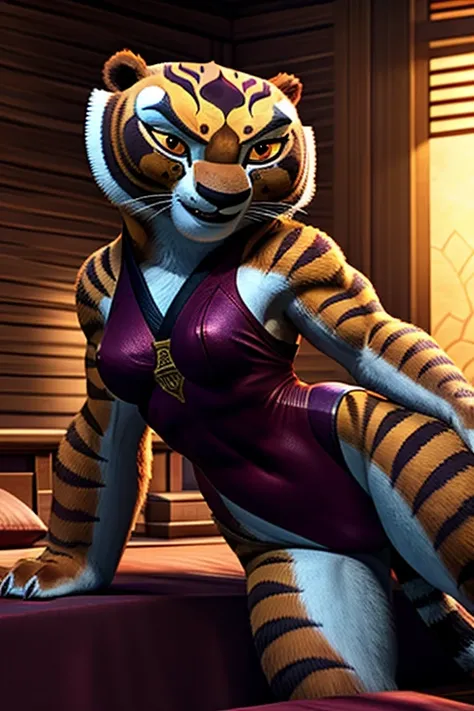 A detailed, muscular Tigress from Kung Fu Panda in a DreamWorks animated style, a girl with a 3:1 hip to leg ratio wearing a red leotard, lying in bed in a bright bedroom, medium breasts, extremely detailed facial features, bright cinematic lighting, photo...