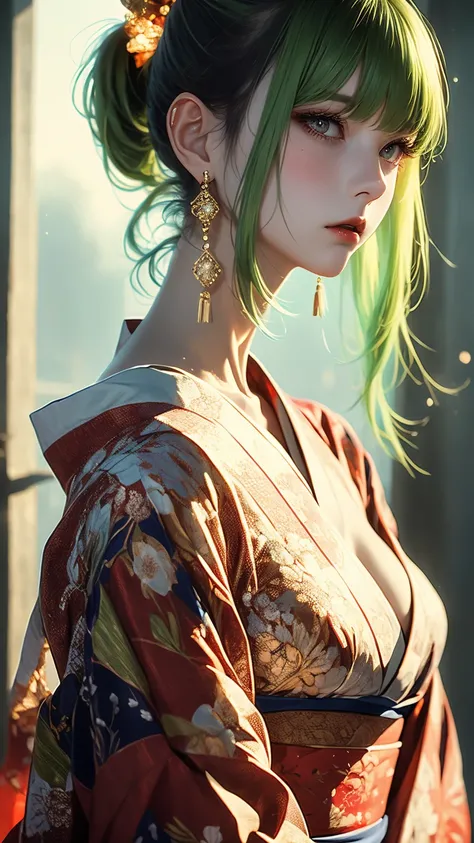 Girls profile picture, light green medium hair with bangs, high ponytail, dragon tattooon neck, pale skin, red eyes, red kimono, earrings , realistic skin texture, detailed picture, upper body, HD32k, looking at viewer, dramatic shadows, vivid lighting, so...