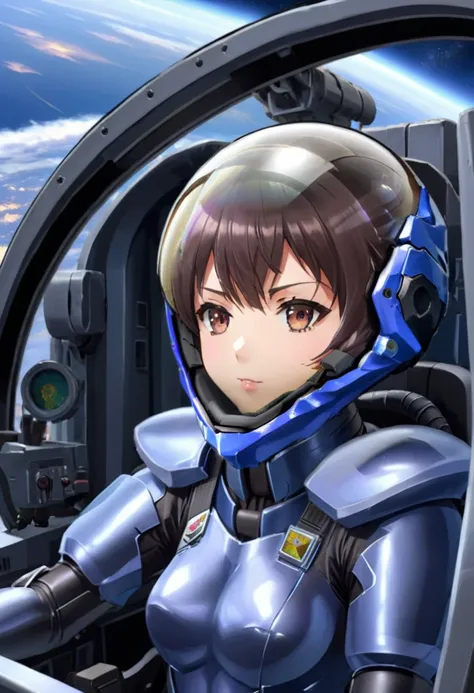 ((Female pilot in the cockpit of a reconnaissance plane), (airplane cockpit), (in flight), (10000 feet altitude)、(sky view):1.7),, short hair, street, emo, BLACK hair, white eyes, eyeliner, apocalypse, girl, nside the (cockpit:1.9) of a (futuristic spacesh...