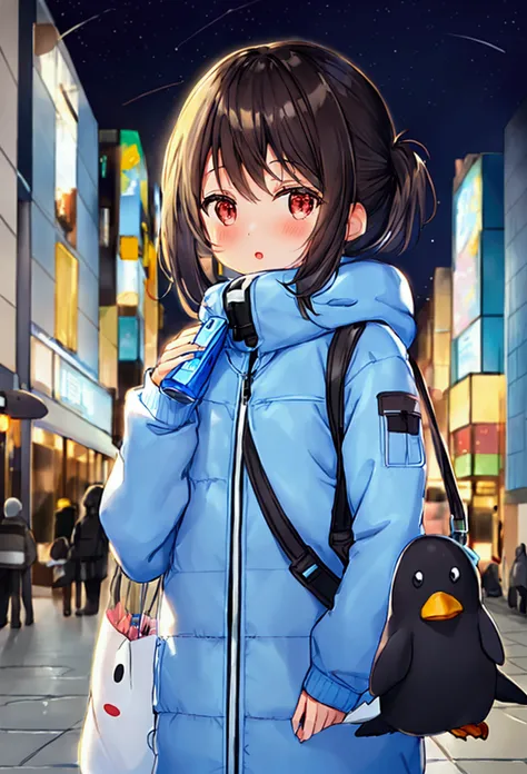 One Penguin、cute、small、Big head、White and light blue fur、Wearing a blue jacket、In his right hand he is holding a brown bag、Beautiful blurred city night view、