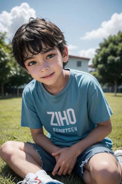 "Create an illustration of a boy named Zezinho. He is about 8 years old, with short brown hair and bright blue eyes. Zezinho is energetic and curious. He is wearing a blue t-shirt with a small logo with 3 letters TTD on the chest and blue denim shorts. On ...