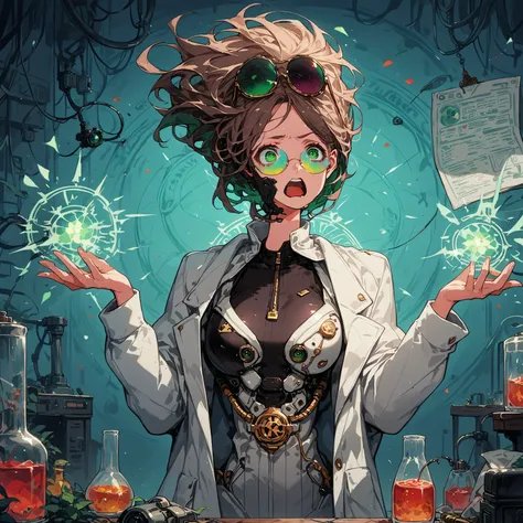 a very beautiful woman , random hair style, form-fitting suit, white lab coat, sunglasses, green eyes, in a laboratory, chemicals on the table, boiling potions, wearing sun glasses, she has the super power alchemize, she can turn wood to metal, and rubber ...