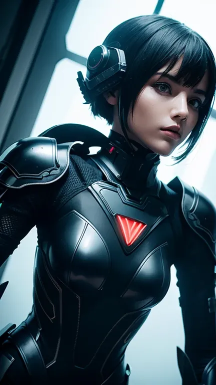 in futuristic  roman female soldier wearing  futuristic  black  latex  armor suit  and  intricate led outlines in a dystopian style, soft contrast lighting