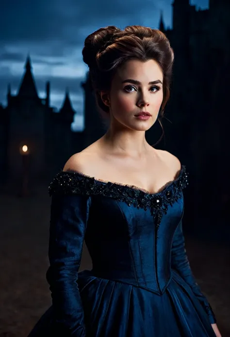 Create a photorealistic close-up portrait of Belle, age 21, in a Dark Fantasy style with a dramatic and dark atmosphere. Belle has a contemplative, intense expression with her deep brown eyes reflecting an inner strength. She wears a dark, gothic ball gown...