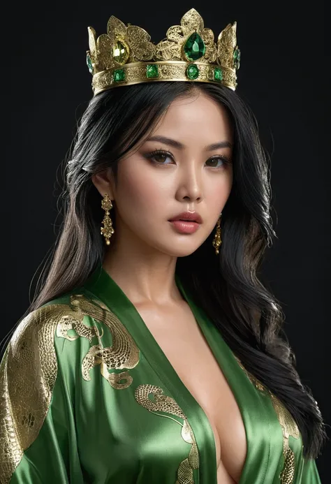 masterpiece, indonesian woman ,ultra realistic,32k,intricate details, sharp focus, realistic, closed, seductive pose, black eyes, jewelr, lips, realistic, looking_at_viewer, wet skin, shiny skin, long green transparent silk robe, transparent dynamic pose, ...