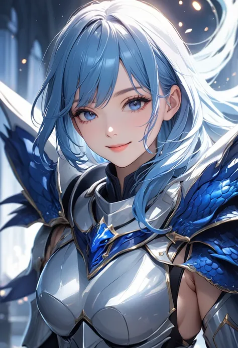 (masterpiece:1.5),(Beat quality),(high res),1girl solo,beautiful face,smile,light effects,Blue haired female knight,Blue Dragon