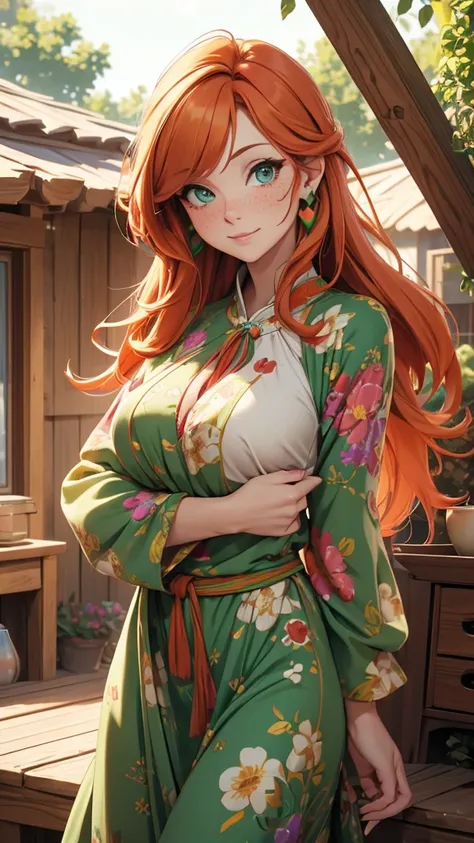 (masterpiece), (4k), )vivid colors), (evening light) 38 year old woman with ginger hair green eyes heart shaped face with freckles dressed as a hippie housewife