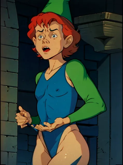 a redhead cartoon character dressed in a green leotard, very muscular, a 14 year old male wizard, 1980s cartoon, animated episode still, Presto (((mad))), ((Wears a wizard hat on his head))