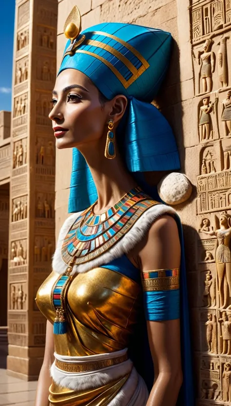 Imagine Queen Nefertiti standing on the grand balcony of her palace in the city of Akhetaten. The early morning sun bathes the scene in a golden glow, casting long shadows and illuminating the intricate carvings on the palace walls. Below, the city awakens...