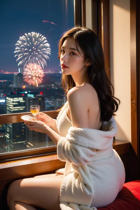 ((Highest quality)), ((masterpiece)), (detailed), One girl, Sexy,Red underwear、D Cup、White bathrobe、Large windows、Night view of skyscrapers、Beautiful fireworks in the night view、Fireworks seen from the window、Sitting pose by the window