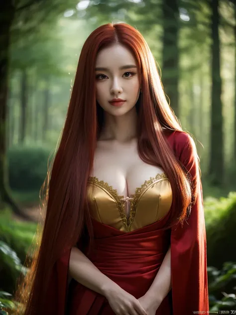 a beautiful red-haired asian girl, detailed face, long very very silky hair, elegant elf dress, large elf ears, dark mysterious forest, no direct sunlight, big tits (best quality,4k,8k,highres,masterpiece:1.2),ultra-detailed,(realistic,photorealistic,photo...