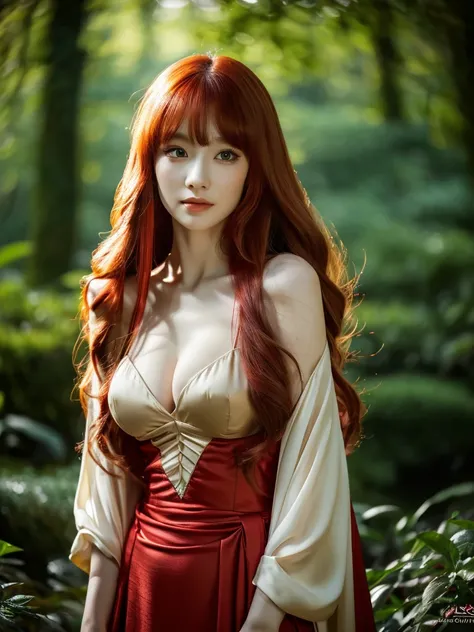 a beautiful red-haired asian girl, detailed face, long very very silky hair, elegant elf dress, large elf ears, dark mysterious forest, no direct sunlight, big tits (best quality,4k,8k,highres,masterpiece:1.2),ultra-detailed,(realistic,photorealistic,photo...