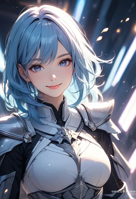 (masterpiece:1.5),(Beat quality),(high res),1girl solo,beautiful face,smile,light effects,Blue haired female knight,Dragon on background