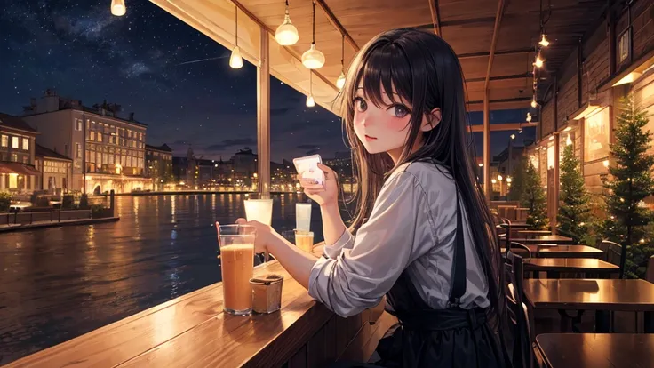 (Original photo, Highest quality), 1 girl,  Lisa, night,Cafe, relax,
Satosh Khan&#39;Art StyleBrown Hair, I want to cry, 