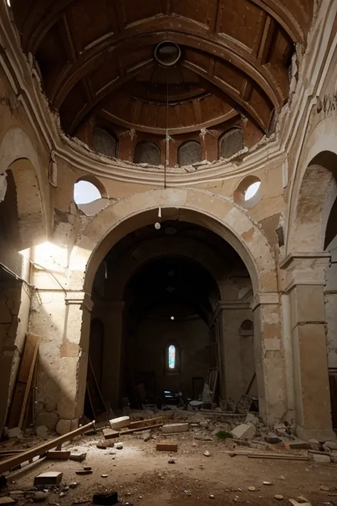 destroyed interior of an Orthodox church , Underground, round, ((hole in the ceiling))