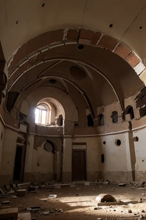 destroyed interior of an Orthodox church , Underground, round, ((hole in the ceiling))