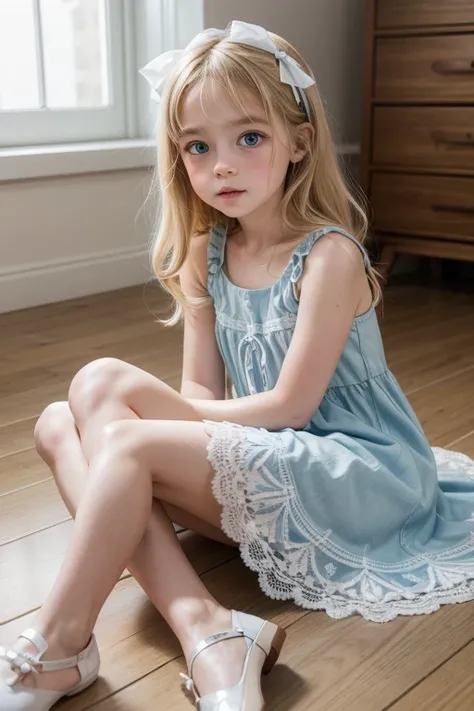 "Create an illustration of one named Lila. She is about 8 years old, with long, blonde hair that falls in soft curls down to her shoulders. His eyes are light blue and bright, full of curiosity and intelligence. Lila is wearing a light blue dress with whit...