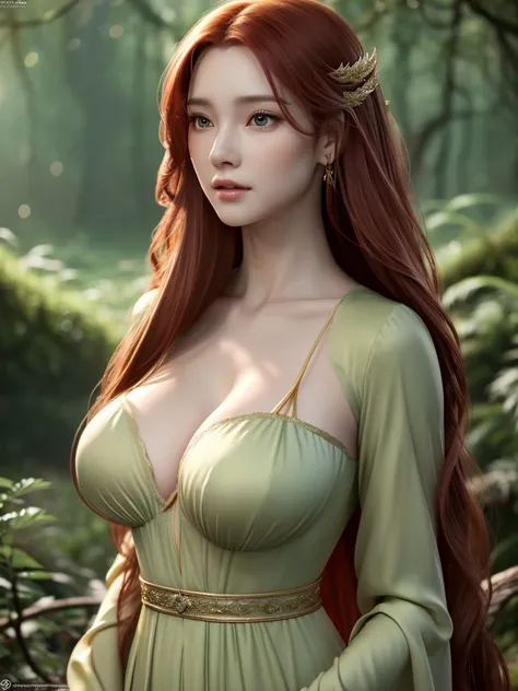 a beautiful redheaded asian girl, long very silky hair, elegant elf dress, dense forest, no sunlight, detailed face and eyes, very big tits (best quality,4k,8k,highres,masterpiece:1.2),ultra-detailed,(realistic,photorealistic,photo-realistic:1.37),magical ...