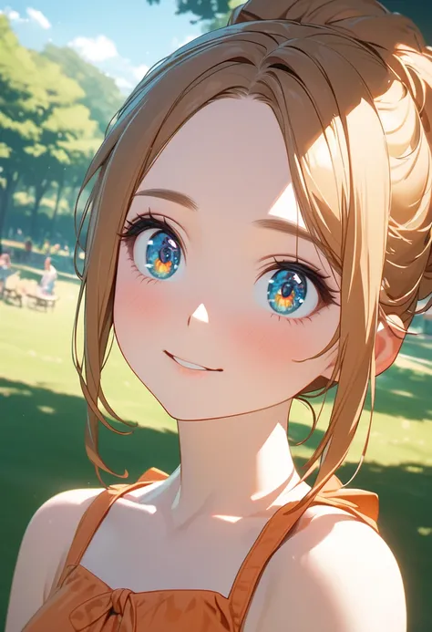 woman, at the park, sunny day, Orange sundress, born, Ultra-high resolution, 8k, (close:1.1), head, Highly detailed face, Amazing eyes