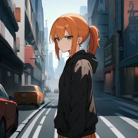 1 girl 18 yo, orange hair, ponytail, green eyes, black hoodie and shorts, serious expression, city behind her