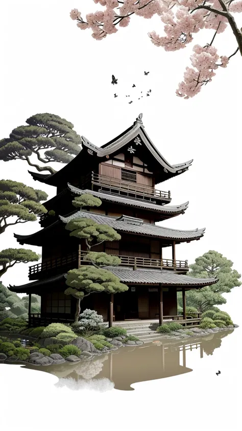 Huge tree，florals，rios，Huge watermill , [(White background:1.5)::5], Medium Shot Shot, butterflys,Petals floating in water,steins,Cloud,setting sun,Dusk,House under the tree，Japanese-style architecture, At the back of the house is 1 black dragon mixed with...