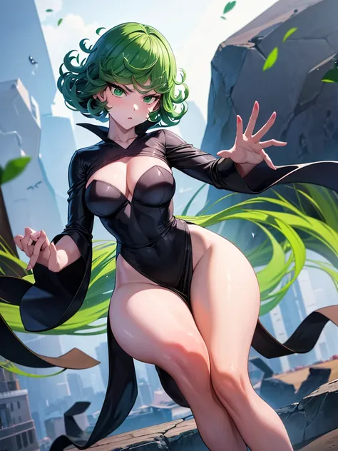 (high res, 8K, masterpiece, looking at viewer, best quality, very aesthetic, ultra detailed, ultra background, ultra Eyes), intricate details, 1girl, Tatsumaki, Green Short Hair, Green Eyes, wearing a form-fitting black V-neck dress with a high collar, lon...