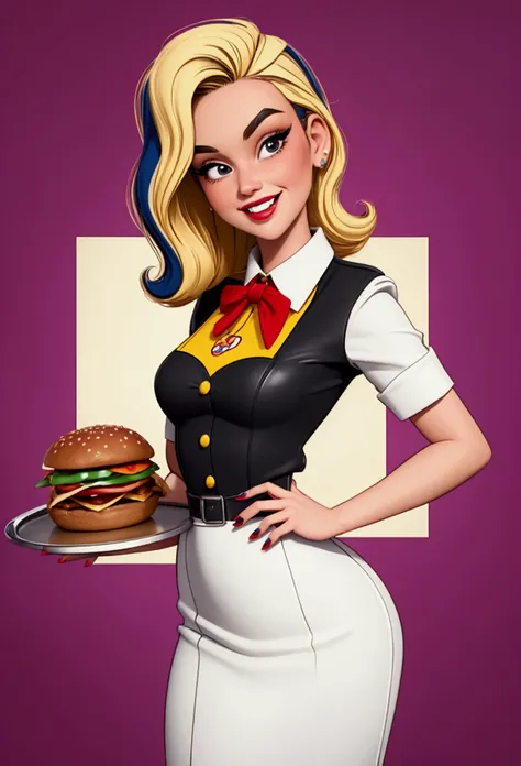 masterpiece, best image, Pop art culture style, pulp style , BREAK, 1 woman, a 20 year old woman, standing, wearing formal waitress clothes, in retro style, looking friendly at the viewer, His two hands holding a restaurant tray, (plain background), smilin...