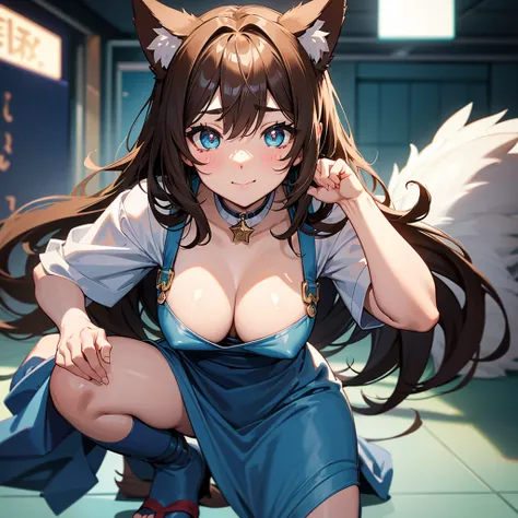 nsfw,one woman,midnightblue ,squatting,large breasts,cute face,big eyes,naughty expression,wave hair,from front,looking at viewer,indoor,japanese、brown hair, expressive hair, star-shaped pupils, eyeball, aqua eyes, sparkling eyes, dog ears, blush stickers,...