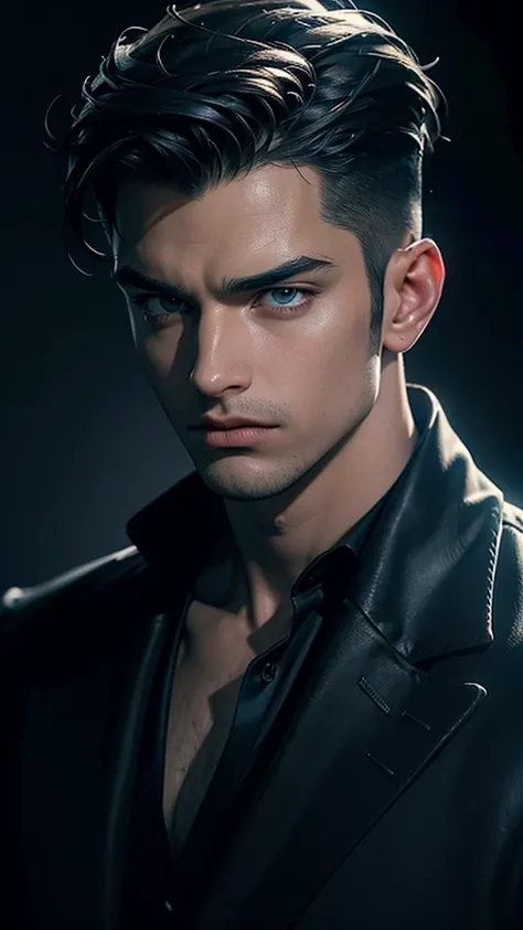 a dark moody portrait of a handsome man, chiaroscuro lighting, dramatic shadows, piercing gaze, intense expression, strong jawline, sculpted facial features, deep set eyes, brooding atmosphere, oil painting, impasto texture, rich color palette, dark grays ...