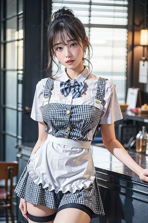 masterpiece, highest quality, ultra-high resolution, (photo realistic:1.6), one girl,  (round face:1.3),(gingham check suspender...