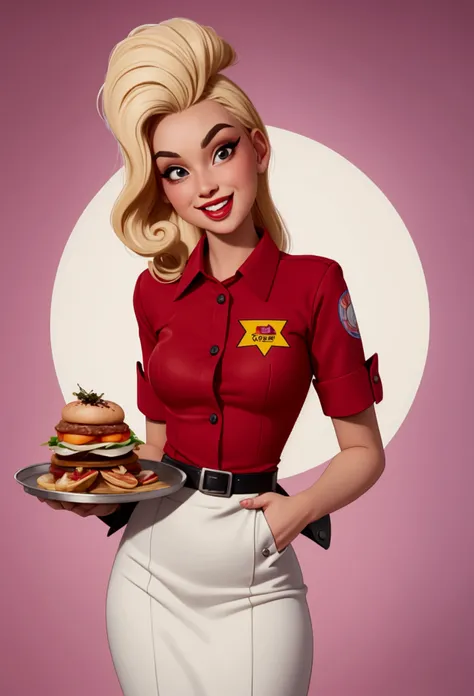 masterpiece, best image, Pop art culture style, pulp style , BREAK, 1 woman, a 20 year old woman, standing, wearing formal waitress clothes, in retro style, looking friendly at the viewer, His two hands holding a restaurant tray, (plain background), smilin...