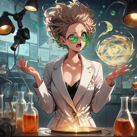 a very beautiful woman , random hair style, form-fitting suit, white lab coat, sunglasses, green eyes, in a laboratory, chemicals on the table, boiling potions, wearing sun glasses, she has the super power alchemize, she can turn wood to metal, and rubber ...