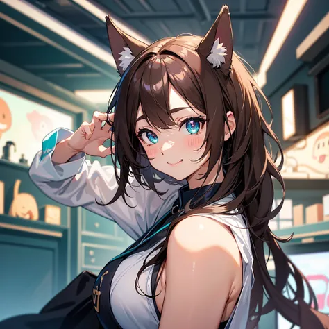 nsfw,one woman,midnightblue ,squatting,large breasts,cute face,big eyes,naughty expression,wave hair,from front,looking at viewer,indoor,japanese、brown hair, expressive hair, star-shaped pupils, eyeball, aqua eyes, sparkling eyes, dog ears, blush stickers,...