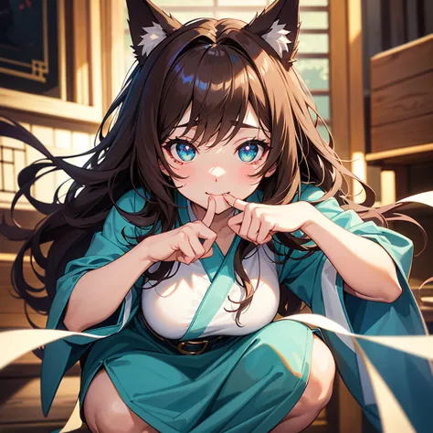 nsfw,one woman,midnightblue ,squatting,large breasts,cute face,big eyes,naughty expression,wave hair,from front,looking at viewer,indoor,japanese、brown hair, expressive hair, star-shaped pupils, eyeball, aqua eyes, sparkling eyes, dog ears, blush stickers,...