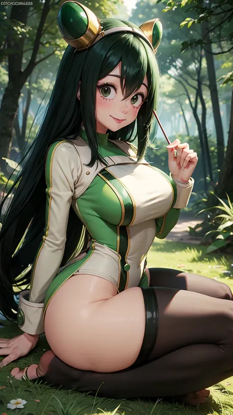 Tsuyu from boku no hero, showing perfect ass, half naked, full body, forest background, showing tongue, long hair. Wallpaper. 