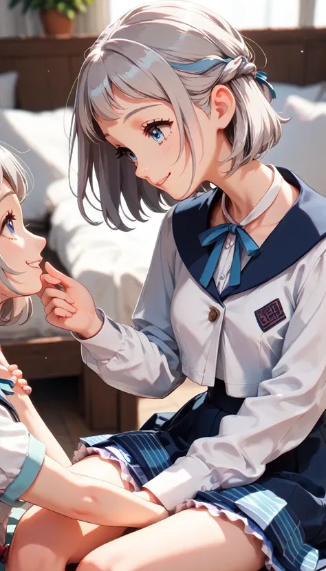 16k,one girl, yuri katsuragi,blue eyes,gray hair,smile,short hair,braiding,,sailor collar,neck ribbon, white shirt,layered skirt...