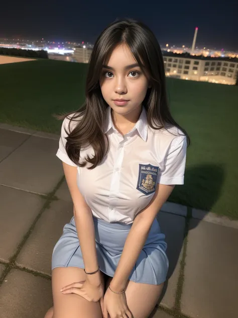 1girl, (uniform), sits with her legs pressed to her chest surprisingly cute, detailed night view of metropolitan city at the bac...