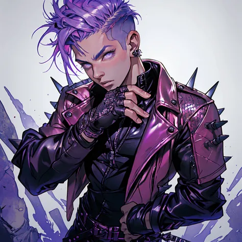 a young male with a pink and tear undercut, punk leather jacket with metal spikes, fingerless gloves, purple snake skin pants, cowboy boots, detailed face, detailed eyes, detailed lips, portrait, photorealistic, 8k, best quality, masterpiece, ultra-detaile...