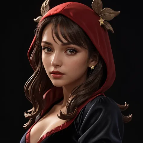 ((extreme detail)),(ultra-detailed), extremely detailed CG unity 8k wallpaper, velvet, figurine, red hood, crop top, star headdress, puffy sleeves, lips, looking away, close-up, head turn, black background