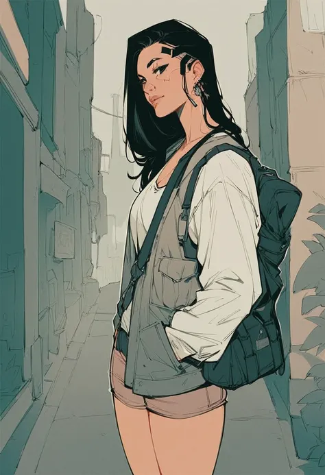 masterpiece, best quality, 1 girl, , hands in pockets, bag, black hair, black eyes, cyberpunk, street, line art
