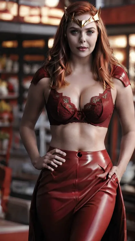 Scarlet Witch Elizabeth Olsen red-haired ,big breasts kate upton, costs, Обтягивающий latex, in torn tights, red skirt and bra. Breast bust of Kate Upton. Leggy. Short skirt. loose hair