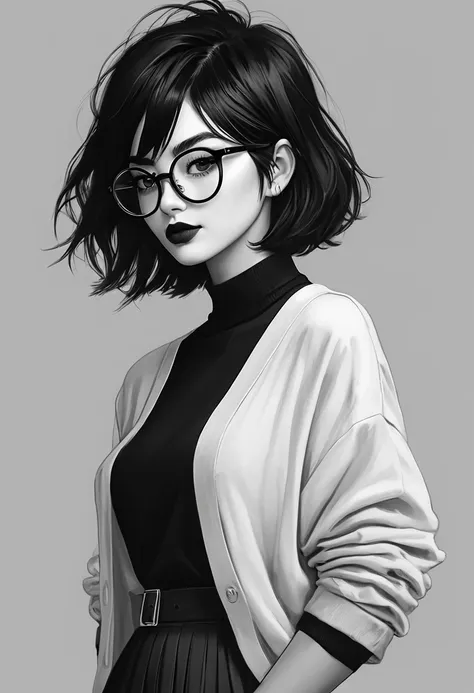 score_9, score_8_up, score_7_up, score_6_up, score_5_up, score_4_up, break greyscale, 1girl, (black hair:1.2), bob cut, short ha...