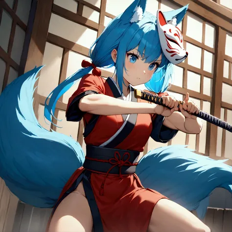 cute young girl, blue hair, long twintail hair, light blue eyes, fox ears, fox tail, muscular body, small breast, japanese outfit, fight with katana pose, fox mask